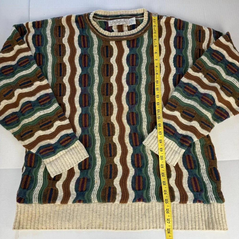 Crossings Vintage 90s 3D Textured Knit Sweater Large Brown Green Made in USA